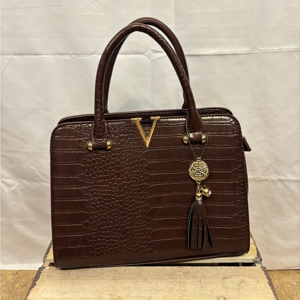 Grossi Brown Croc Embossed Satchel Gold V Accent Faux Leather Handbag